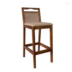 Imagem de Banqueta Alta para Bancada Estofada Valência Rattan em Madeira Castanho Linho Bege CCS