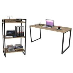 Imagem de Conjunto Escritório Estilo Industrial Mesa 150cm e Estante 60cm 3 Prateleiras Prisma Carvalho - Mpozenato