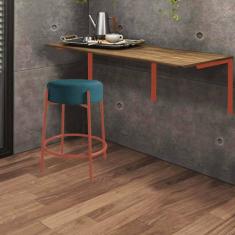 Imagem de Kit Mesa Suspensa de Parede Fixa MDF Castanho + 1 Banqueta Sintra Ferro Rose Gold Suede Azul Turquesa - Ahazzo Móveis