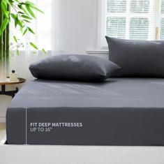 Imagem de HCORA Lençol de elástico 100% viscose de bambu com fronhas - Lençol de elástico refrescante de 400 fios para dormir quente - Lençol de elástico duplo com bolso profundo de 40,6 cm, macio, sedoso e