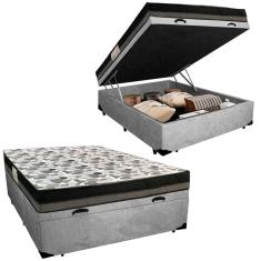 Imagem de Cama Box Baú Casal Suede Bipartido + Colchão Ortobom ISO Dupla Face 60x138x188