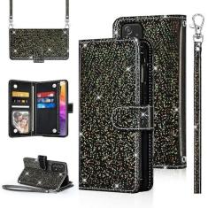 Imagem de Furiet Capa carteira de bolinhas para Samsung Galaxy A72 5G/4G com alça de pulso alça de ombro com zíper flip bolsa, suporte para cartão de crédito com glitter brilhante para celular A 72 G5 72A S72