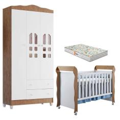 Imagem de Berço Americano Mirelle e Guarda Roupa New Selena 3 Portas Branco Acetinado Amadeirado com Colchão Gazin - Carolina Móveis