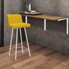 Imagem de Kit Mesa Suspensa de Parede Fixa MDF Castanho + 1 Banqueta Lexi Ferro Branco Corino Amarelo - Ahazzo Móveis
