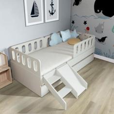 Imagem de Bicama Solteiro Mdf Bp com Escadinha/escorrega 03 Grades e Cabeceira Megamobilia