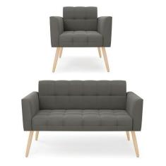 Imagem de Kit 1 Sofá Namoradeira e 1 Poltrona Elisa Suede Grafite Pés Palito Nat