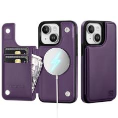 Imagem de SkyEagle Capa carteira para iPhone 13 com suporte para cartão compatível com suporte Magsafe com bloqueio de RFID, compartimentos para cartão de crédito, couro PU, capa de telefone masculina e