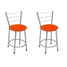 Imagem de Kit 2 Banquetas Baixas Prata com Encosto Assento Laranja