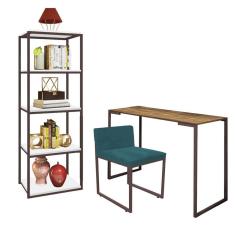Imagem de Kit Escritório Ravi 1 Cadeira Suede Azul Turquesa com 1 Mesa e 1 Livreiro Ferro Marrom MDF Carvalho - Ahazzo Móveis