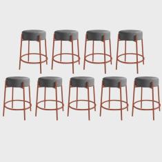 Imagem de Kit 09 Banquetas Alta Sintra 65cm Redonda Ferro Bronze Suede Cinza - Ahazzo Móveis