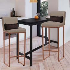 Imagem de Kit 02 Banqueta Alta com Encosto Lucca Industrial Cozinha Balcão Ferro Bronze Sintético Bege e Almofada Marrom - Ahazzo Móveis