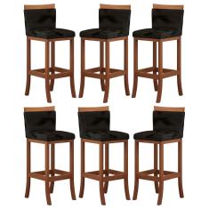 Imagem de Kit 6 Banquetas Alta Encosto Estofado 38x102 Cm Paris Madeira Maciça Castanho Suede Preto - CCS
