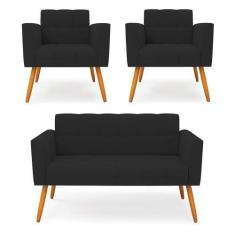 Imagem de Kit 1 Sofá Namoradeira E 2 Poltronas Elisa Veludo Pés Palito Castanho