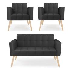 Imagem de Kit 1 Sofá Namoradeira E 2 Poltronas Elisa Corino Preto Pés Palito Natural - D`rossi