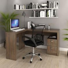 Imagem de Kit Escrivaninha em L 2 Gavetas Me4129 e Cadeira de Escritório Diretor Tela Mesh Tok 3310 Rústico