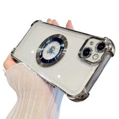 Imagem de Eiyikof Capa magnética transparente para iPhone 15, luxuosa, brilhante, quatro cantos, à prova de choque, proteção de nível militar com protetor de lente de câmera MagSafe capa transparente para