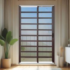 Imagem de Porta de Correr com Travessas 2 Folhas Moveis 210 X 120 Elite com Fechadura Tetra Vidro Reflex Mix Corten