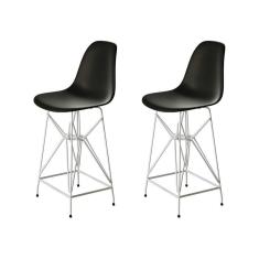 Imagem de Kit 2 Banquetas Bistrô Alta Eames Preta Base Ferro Branco - Cor: Preto