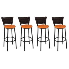Imagem de Kit 4 Banquetas Altas Preta com Encosto Junco Argila Assento Laranja