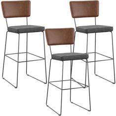 Imagem de Kit 3 Banqueta Alta Cozinha Sala Jantar Allana L02 Couríssimo Marrom Linho Cinza Escuro - Lyam Decor