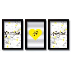 Imagem de Kit 3 Quadros Decorativos Frases Gratidão Fé Família