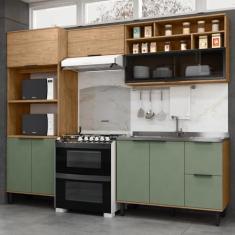Imagem de Cozinha Modulada Toscana 4 Peças Mdf com Aéreo 1200 Porta de Vidro Basculante e Torre 2 Fornos Freijó/jade