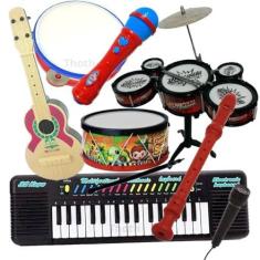 Imagem de Kit Bateria Tambor Teclado Viola Microfone Infantil 7 Brinquedos Musicais