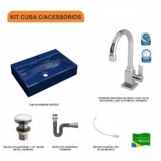 Imagem de Kit Cuba RT55 com Torneira Luxo 1195 Metal e Válvula Click 1 Polegada e Meia e Sifão Cromado e Flexível Compace  Escuro