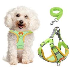 Imagem de Peitoral para cães pequenos, ajustável, sem puxão, para cães pequenos, refletivo, conjunto de coleira e coleira com 2 presilhas de coleira, colete para cães pequenos e médios