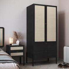 Imagem de Guarda-roupa 2 Portas 2 Gavetas Palhinha Pé Madeira Oslo Nero/Preto