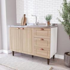 Imagem de Balcão 2 Portas 3 Gavetas 120 Cm Pérola para Cozinha Branco/Carvalho