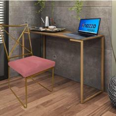 Imagem de Kit Escritório Clark Cadeira e Mesa Industrial Ferro Dourado Tampo MDF Imbuia Suede Rose Gold - Ahz Móveis