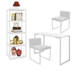 Imagem de Kit Escritório Ravi 2 Cadeiras Suede Branco com 1 Mesa e 1 Livreiro Ferro Branco MDF Branco - Ahazzo Móveis