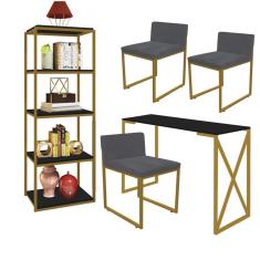 Imagem de Kit Escritório Bex 3 Cadeiras Suede Cinza com 1 Mesa e 1 Livreiro Ferro Dourado MDF Preto - Ahazzo Móveis