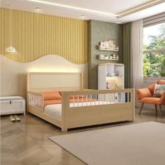 Imagem de Cama Casal Wave Juvenil Reversível Led com Rattan, Grade de Proteção e Peseira Palitos Casatema Branco/Natural