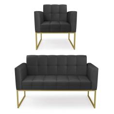 Imagem de Kit 1 Sofá Namoradeira E 1 Poltrona Elisa Corino Base Metálica Industrial Dourado - D`rossi Cor Preto