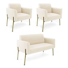 Imagem de Sofá Namoradeira 2 Poltronas Pé De Ferro Dourado Marisa Veludo Bege D03