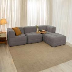 Imagem de sofá guldi popup com 2 módulos canto central e puff linho cinza
