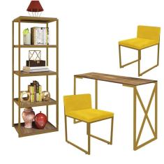 Imagem de Kit Escritório Bex 2 Cadeiras Sintético Amarelo com 1 Mesa e 1 Livreiro Ferro Dourado MDF Imbuia - Ahazzo Móveis