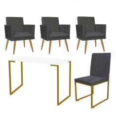 Imagem de Kit Escritório Stan 3 Poltronas Rodapé com Cadeira e Mesa Industrial Branco Dourado Suede Cinza - Ahz Móveis