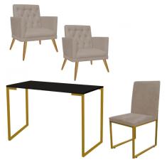 Imagem de Kit Escritório Stan 2 Poltronas Maria com Cadeira e Mesa Industrial Preto Dourado Tecido Sintético Bege - Ahz Móveis