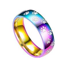 Imagem de MuYiYi11 Anel colorido, anel de dedo de aço de titânio com estampa de pata de animal fofo para homens e mulheres, presente de aniversário