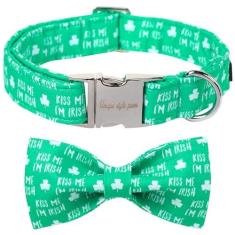 Imagem de Unique Style Paws Coleira de cachorro do dia de São Patrício com laço verde trevo coleira de cachorro gravata borboleta para cães grandes, médios e pequenos