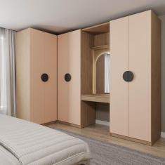 Imagem de Guarda-roupa Modulado Joy 4 Peças Canto, Nicho com 2 Gaveta, Penteadeira e Cabideiro com Nichos Cabe Salmão