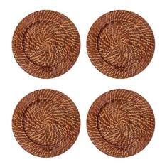 Imagem de Conjunto 04 Sousplats Redondos em Rattan e Bambu Marrom Escuro 32cm Artesanal Rústico Mesa Posta