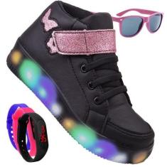 Imagem de Tenis Botinha Feminino De Led Borboleta Glitter + Oculos Relogio - Kid