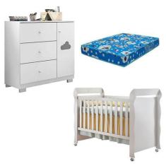 Imagem de Berço Americano Mirelle e Cômoda Infantil Ane Branco Brilho com Colchã