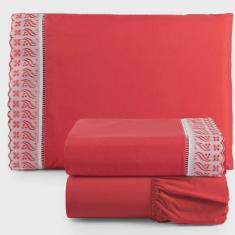Imagem de Jogo De Lençol Suave Lese Percal 180 Fios Solteiro 3 Peças Barato - Vermelho