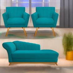 Imagem de Kit Diva Recamier Vanessa 140Cm Lado Direito E 02 Poltronas Laura Suede Cor Azulturquesa