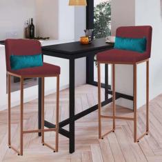 Imagem de Kit 02 Banqueta Alta com Encosto Lucca Industrial Cozinha Balcão Ferro Bronze Suede Bordô e Almofada Azul Turquesa - Ahazzo Móveis
